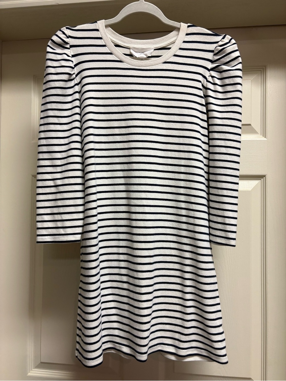 Pomander Place Black or Navy Soft White Striped Puff-Sleeve Long Sleeve Dress